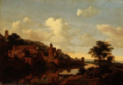 Opevněné město nad řekou (panel) od Jan van der Heyden