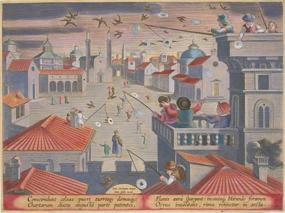 Zachycování vlaštovek pomocí zrcadlových disků s otvory, deska 77 z „Venationes Ferarum, Avium, Piscium“ (Lovu: Divoká zvířata, ptáci, ryby), vyrytý Jan Collaert (1566-1628) nakladatelství Phillipu od Jan van der Straet