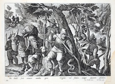 Lovci používají k lovu divočáků oštěpy nebo zbraně nabité olovem, ilustrace z knihy "Venationes, Ferarum, Avium, Piscium" (O lovu: divoká zvěř, ptáci, ryby), vyryl Jan Collaert (1566-1628), od Jan van der Straet