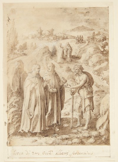 Historie S. Giovanni Alberti Fiorentino. Světec a doprovázející mnich dávají žebrákovi poslední chléb od Jan van der Straet