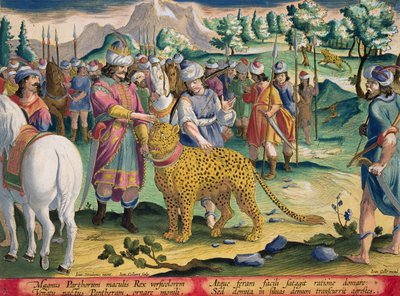 Velký parthský král loví se svými ochočenými pantery, deska č. 9 z knihy "Venationes Ferarum, Avium, Piscium" (O lovu: divoká zvířata, ptáci, ryby), kterou vyryl Jan Collaert (1566-1628), vydaná nakladatelstvím od Jan van der Straet