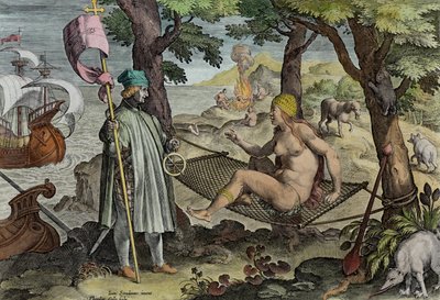 Vespucci Discovering America, deska 2 z „Nova Reperta“ (Nové objevy), vyryto Theodorem Gallem (1571-1633) kolem 1600 (pozdější kolorování) od Jan van der Straet
