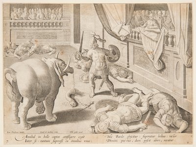 Římský voják bojující s jedním z Hannibalových slonů, pl. 7 v sérii Hra, ptáci a ryby od Jan van der Straet, called Stradanus