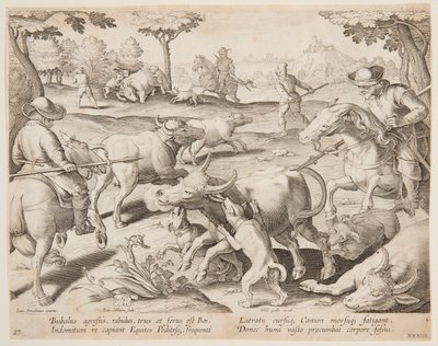 Buffalo Hunt, deska 27 v sérii Lov zvěře, ptáků a ryb od Jan van der Straet, called Stradanus