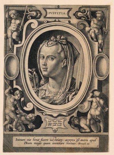 Spravedlnost (Justice), deska 5 z „Virtutum theologicarum et cardinalium“ od Jan van der Straet, called Stradanus