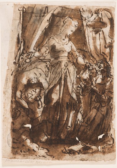 Recto: Judith s hlavou Holoferna; Verso, vlevo: Judith s hlavou Holoferna; Verso, vpravo: předběžný návrh titulní strany pro tištěnou sérii The Seven Virtues od Jan van der Straet, called Stradanus