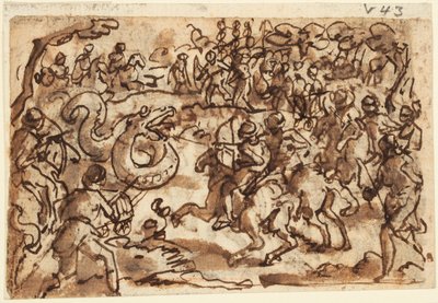 Recto: Římský konzul Attilius Regulus v boji s obřím africkým hadem, z Pliniovy přírodní historie, kniha 8, kap. 14; Verso: Ptyolomy chytání obřího hada sítí, od Diodorus Siculus, Bibliotheca Historica III, 37 od Jan van der Straet, called Stradanus