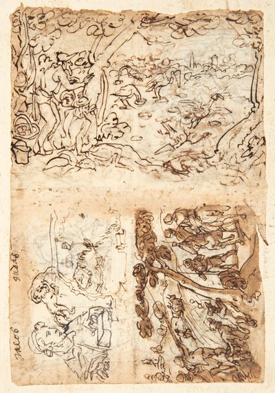 Recto, nahoře: Jeřábový lov pomocí kuželů; Dole vlevo: Jacob, poloviční postava; lev se zavázanýma očima přes hlavu; mapa opevnění; Vpravo dole: Lov na lišku. Verso, vlevo nahoře: Starling Hunt; vlevo dole: Lov na lvy s pochodněmi a sítěmi; vpravo: polovič od Jan van der Straet, called Stradanus