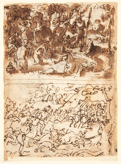 Recto, nahoře: Diana a Actaeon; Recto, dole: Hon na kance; Verso, výše: studie dvou mužských hlav; Verso níže: Setkání Anny a Joachima u Zlaté brány, Obřízka Kristova dítěte od Jan van der Straet, called Stradanus