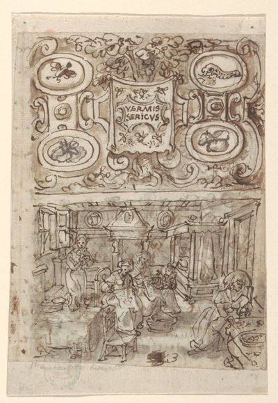 Recto, nahoře: Předběžný návrh titulní strany k sérii tisků Vermis Sericus ("Zavedení bource morušového"); Recto, dole: Předběžný návrh pro pl. 3 (Inkubace vajíček bource morušového); Verso, výše: Neúplný předběžný návrh pro titulní stránku od Jan van der Straet, called Stradanus