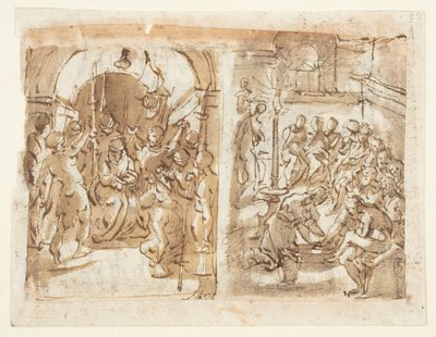 Recto, vlevo: Posmívání se Kristu; Recto, vpravo: Kristus umývá nohy apoštolům; Verso: Poprava Marie Stuartovny, skotské královny v roce 1587 od Jan van der Straet, called Stradanus