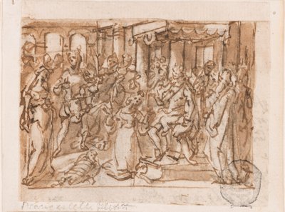 The Judgment of Solomon, předběžný návrh pro "Spiritus Sapientiae" (Duch moudrosti), deska 1 v tiskové sérii "Sedm darů Ducha svatého" od Jan van der Straet, called Stradanus