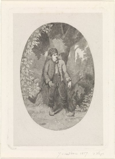Muž u stromu v lese od Jan van der Veen (prentmaker)