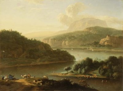 Říční krajina s pastýřem a selkou v popředí od Jan van der the Younger Meer