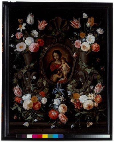 Kamenná kartuše zdobená květinami a motýly od Jan van the Elder Kessel