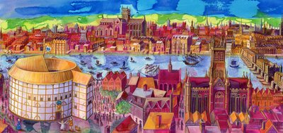 Shakespeares Globe Theatre na Southbank, 2006, (inkoust a kvaš) od Jane Tattersfield