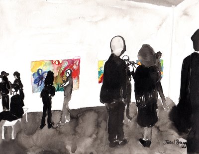 Moje vernisáž v galerii, cca 2015 (tuš a akvarel na papíře) od Janel Bragg