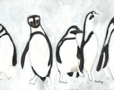 Tučňáci v Zoo Woodland Park, cca 2021 (tuš sumi a gesso na papíře) od Janel Bragg