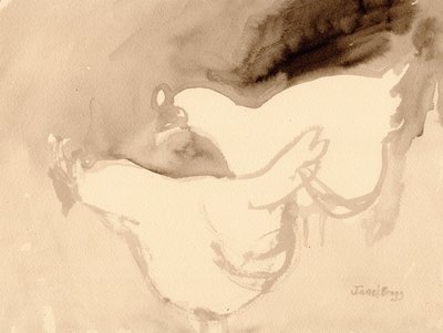 Schuh Farm Chickens, cca 2019 (tuš na papíře) od Janel Bragg