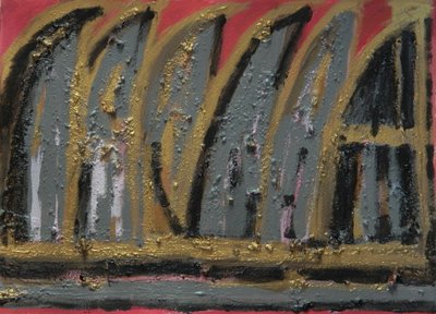 Burning House, 2013 (kvaš, dřevěný popel a plátkové zlato na papíře) od Janet McKenzie