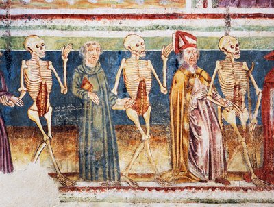 Opevněný kostel Hrastovlje, Kostel Nejsvětější Trojice, Smrt doprovázející biskupa a mnicha, Tanec smrti (1490), detail z fresek od Janeze Ize Kastva, Slovinsko od Janez Kastav