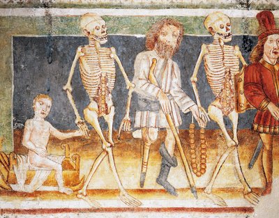 Hrastovlje opevněný kostel, kostel Nejsvětější Trojice, Smrt doprovázející dítě a chudé, Tanec smrti (1490), detail z fresek od Janeze Ize Kastva (1490), Slovinsko od Janez Kastav