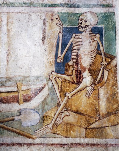 Opevněný kostel Hrastovlje, Kostel Nejsvětější Trojice, Deska otevírání hrobky smrti, Tanec smrti (1490), detail z fresek od Janeze Ize Kastva, Slovinsko od Janez Kastav