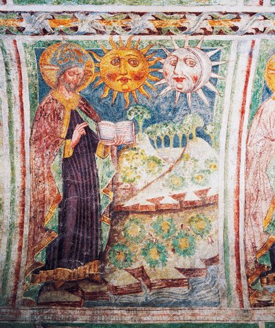 Hrastovlje opevněný kostel, kostel Nejsvětější Trojice, Genesis, Bůh tvoří slunce, měsíc a hvězdy (1490), detail z fresek od Janeze Iz Kastva, Slovinsko od Janez Kastav