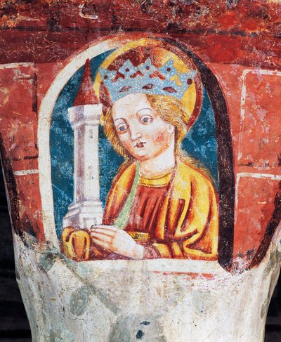 Hrastovlje opevněný kostel, kostel Nejsvětější Trojice, Santa Barbara, detail z fresek od Janeze Iz Kastva (1490), Slovinsko od Janez Kastav