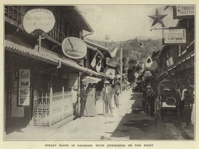 Pouliční scéna v Nagasaki, s Jinrikishami vpravo od Japanese Photographer