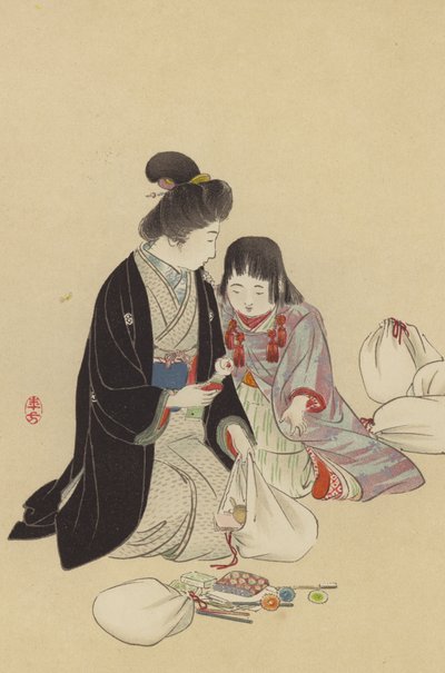 Matka a její dívka aranžují dárky, které mají být odeslány na frontu (chromolitho) od Japanese School
