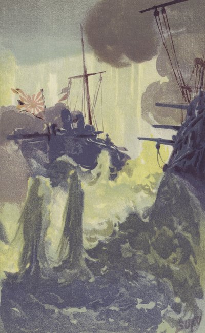 Noční útok japonských torpédoborců torpédových člunů na ruskou eskadru u Port Arthuru (chromolitho) od Japanese School