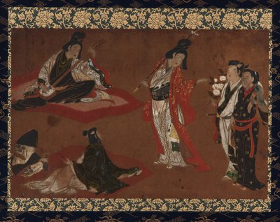 Piknikový večírek, Závěsný svitek (namontovaný na panelu), počátek 17. století (barva a zlato na papíře) od Japanese School