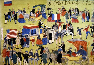 Američtí, nizozemští a francouzští návštěvníci přijíždějící do Jokohamy v Japonsku, kolem roku 1860 (barevný dřevoryt) od Japanese School