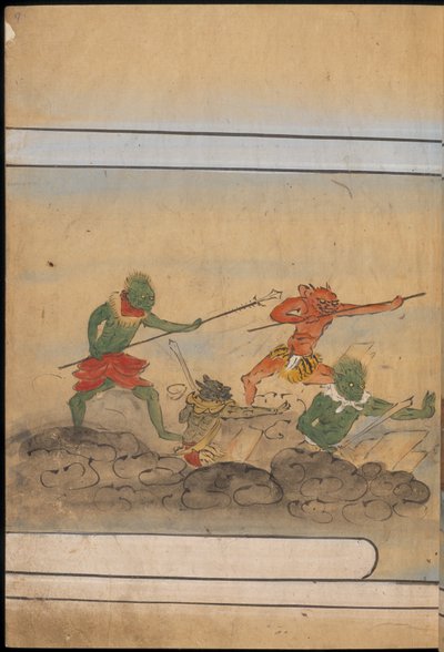 Ozbrojení skřeti, ilustrace z „Taishokkan“ (inkoust a barva na papíře) od Japanese School