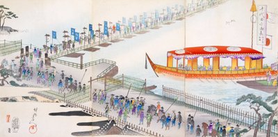 Účast na festivalu: překročení pontonového mostu na posvátné místo (barevný dřevotisk) od Japanese School