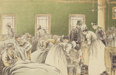 Ošetření ruských raněných v dočasné nemocnici Japonského Červeného kříže v Chemulpo (chromolitho) od Japanese School