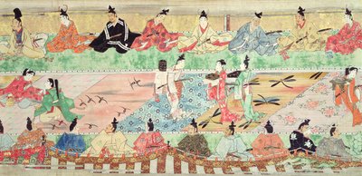 Banketní scéna z malovaného ručního svitku Příběhu Muramatsu, počátek 17. století (pero a inkoust, wc, kvaš, stříbro a zlato na papíře) od Japanese School