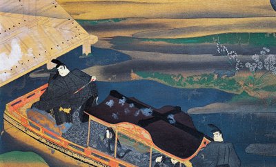 Loď v měsíčním světle, Fujiwara Nobuzane (1176-1265), ilustrace z Deníku Murasaki Shikibu, japonská civilizace od Japanese School
