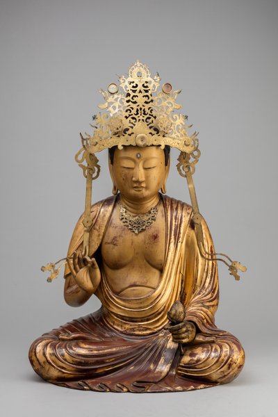 Bodhisattva Kannon s lotosovým květem (dřevo, zlacení a lak) od Japanese School