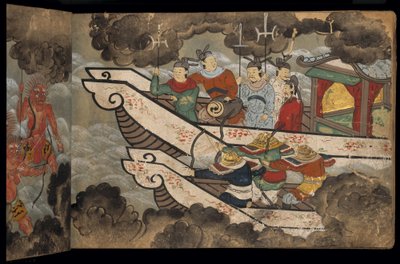 Čínští vojáci na lodích, ilustrace z „Taishokkan“ (inkoust a barva na papíře) od Japanese School