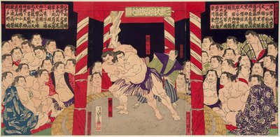 Boj de sumo entre Umegatani Totaro I (1845-1928) a Haibirya. Estampe vers 1860-1870 - Wrestlingový zápas Umegatani vs Haibirya, Anonymní. Barevný dřevoryt od Japanese School