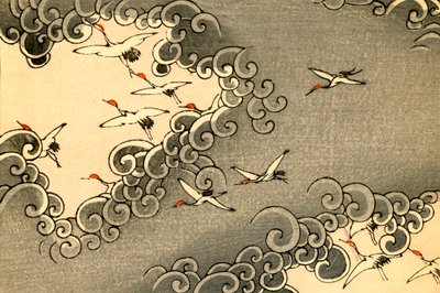 Jeřáby létající v šedých oblacích od Japanese School