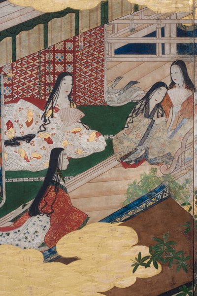 Detail jara v paláci, šestinásobná obrazovka z The Tale of Genji, cca 1650 (inkoust, barvy a zlato na papíře) od Japanese School