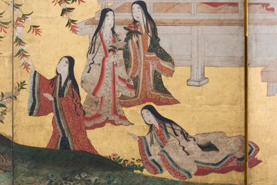 Detail jara v paláci, šestinásobná obrazovka z The Tale of Genji, cca 1650 (inkoust, barvy a zlato na papíře) od Japanese School