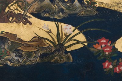 Detail jara v paláci, šestinásobná obrazovka z The Tale of Genji, cca 1650 (inkoust, barvy a zlato na papíře) od Japanese School
