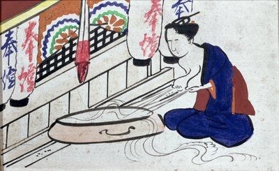 Ema (votivní plaketa) zobrazující ženu odstřikující mléko od Japanese School