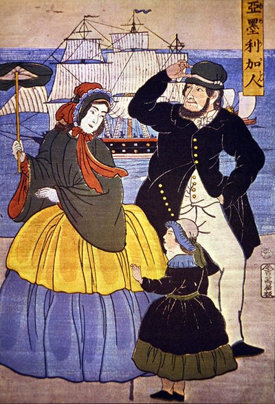 Evropská rodina v přístavu v Jokohamě namalovaná japonským umělcem v roce 1861 od Japanese School