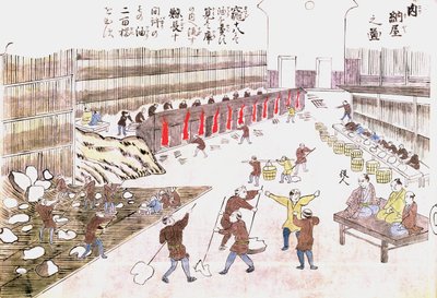 Továrna na přípravu velrybích produktů, konec 19. století (barevné rytí) od Japanese School