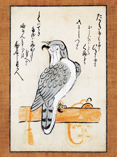 Sokol přivázaný k okounu, ilustrace na svislé roli, konec 19. století, tuš a barva na papíře, 43x2,5 cm, japonská civilizace, období Meidži od Japanese School